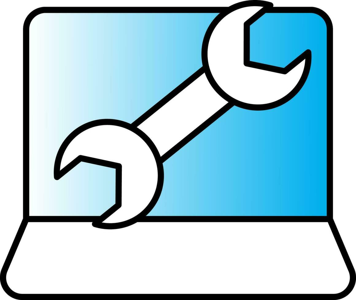 Wrench In Laptop Screen Blue And White Icon. vector