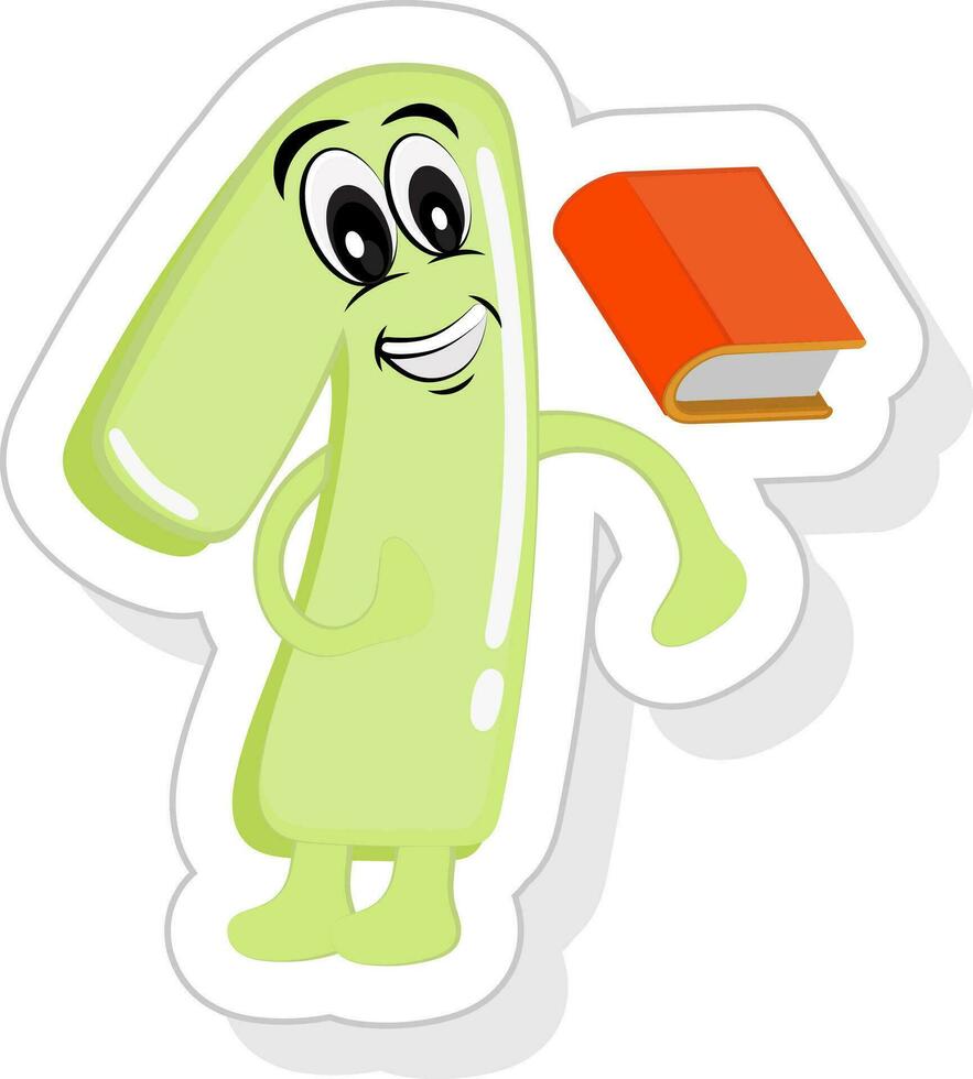 Sticker Style Happy Cartoon 1 Number With Book Icon In Green And Orange Color. vector