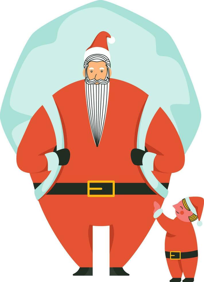 Santa Claus Wearing Big Bag With Child Standing On White Background. vector