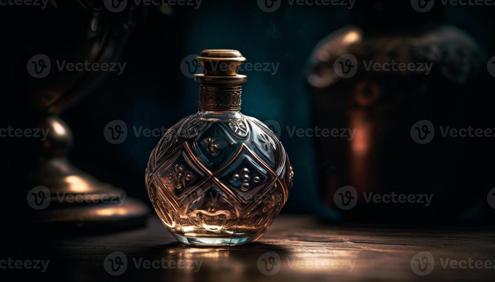 An old fashioned whiskey bottle on a rustic wooden table generated by AI photo