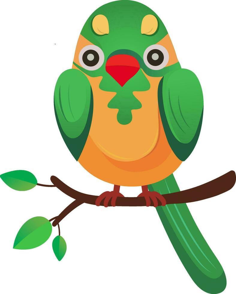 Cute Parrot Sitting On Branch In Green And Orange Color. vector