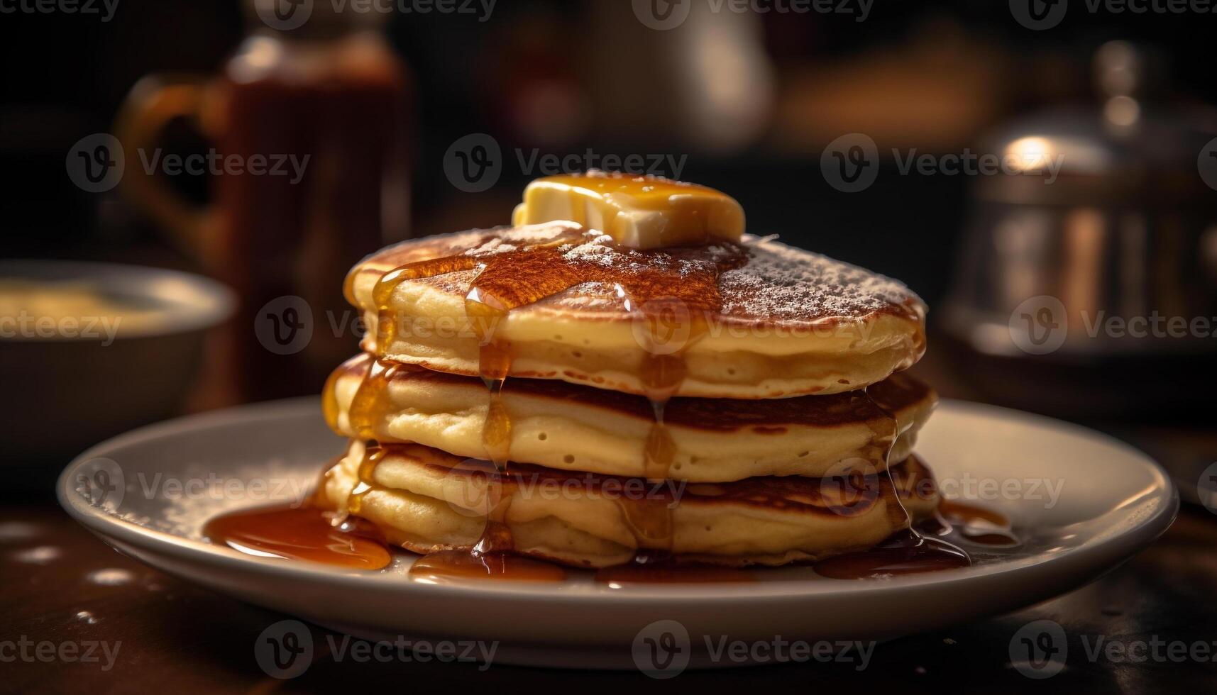 A stack of homemade pancakes with syrup and fruit slice generated by AI photo