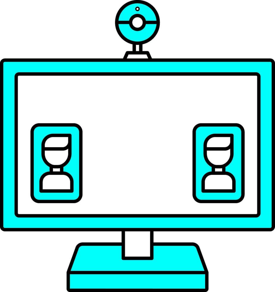 Cyan And White Online Meeting Or Video Calling In Computer Icon. vector