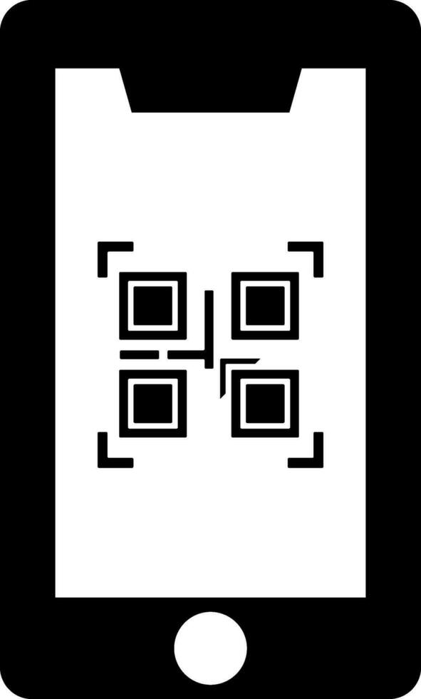 Black and White qr code scanner on smartphone screen icon in flat style.. vector