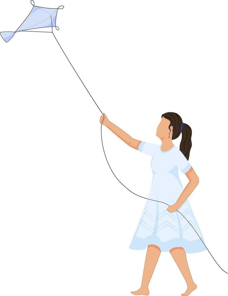 Cartoon Faceless Young Girl Flying Blue Kite Over White Background. vector