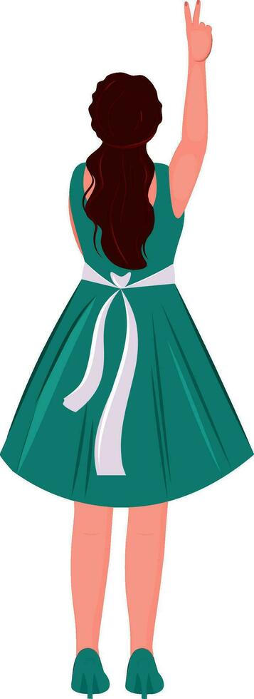Rear View of Modern Young Girl Showing Peace Sign In Standing Pose. vector