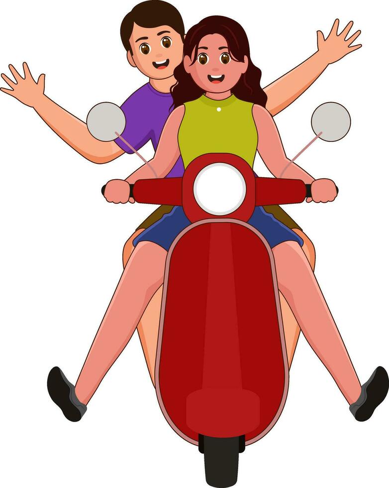 Illustration Of Young Girl Riding A Scooty And A Cheerful Boy Sitting Back. vector