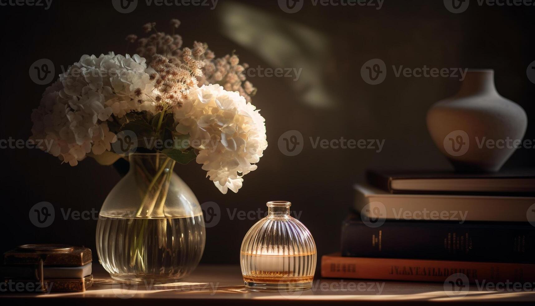 An antique vase holds a fresh bouquet of summer blossoms generated by AI photo