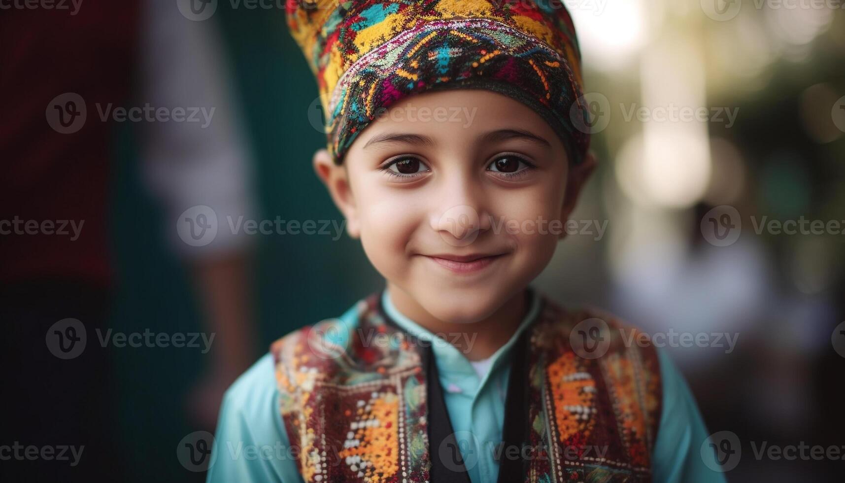 confidente joven indio chico en tradicional ropa sonrisas al aire libre alegremente generado por ai foto