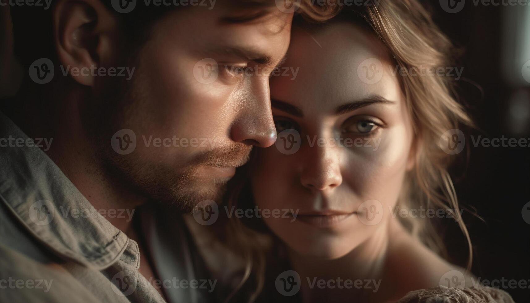 A loving couple embraces, smiling and happy in each other arms generated by AI photo