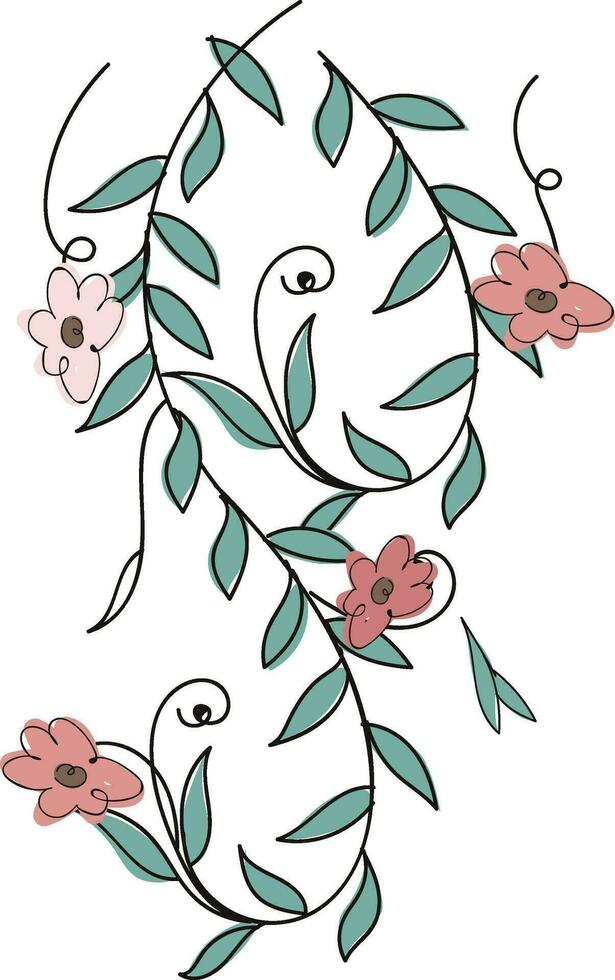 Hand Drawn Decorative Leaves With Pink Flowers On White Background. vector