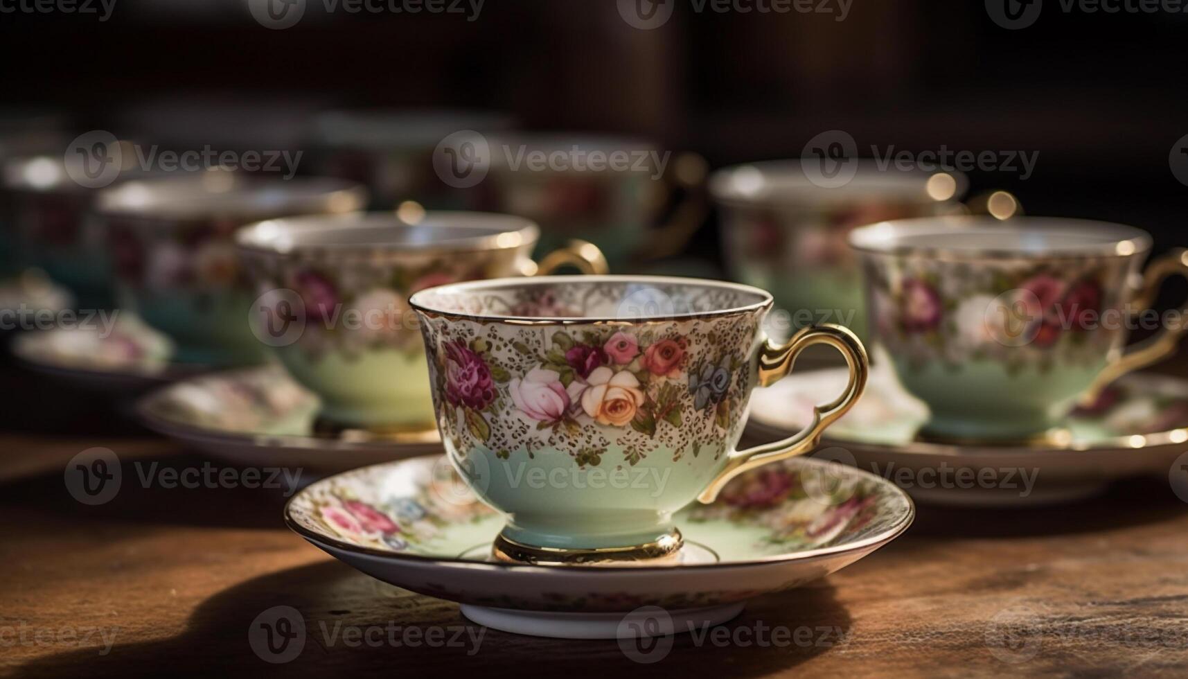 An ornate tea set on a rustic wooden table generated by AI photo