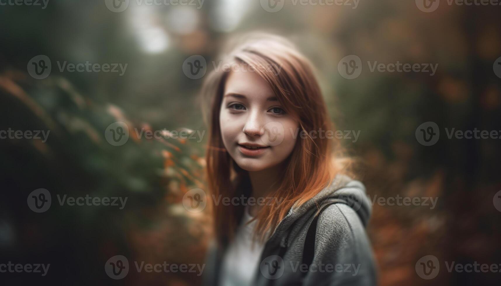 A carefree young woman smiling in nature beauty, confident and happy generated by AI photo
