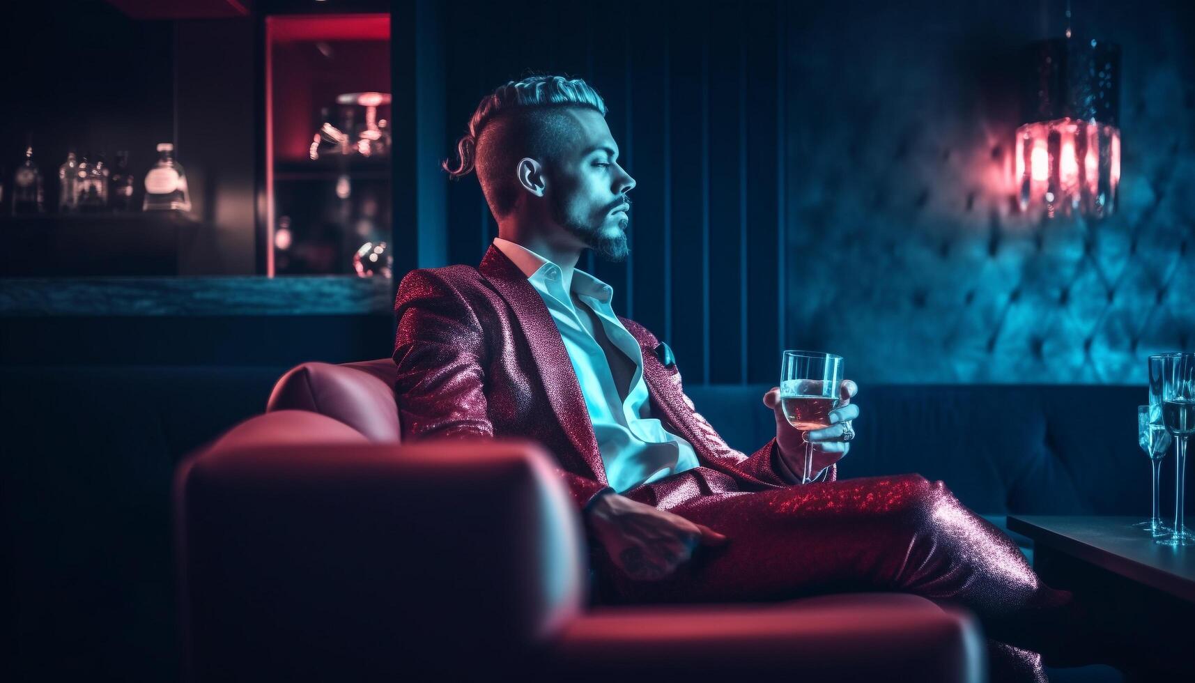 A handsome businessman enjoying whiskey in a luxury bar after work generated by AI photo