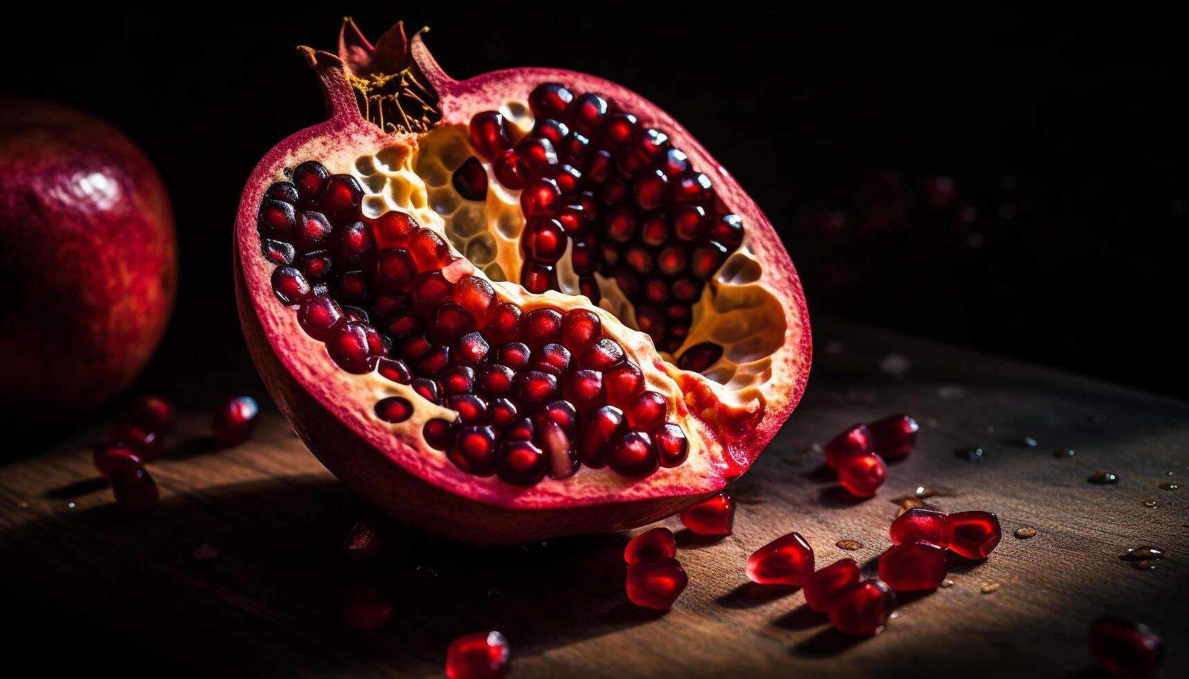 Juicy pomegranate slice on rustic wooden table, a healthy snack generated by AI photo