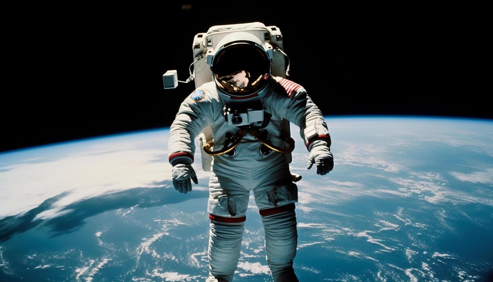 One astronaut standing in space suit, exploring the galaxy adventure generated by AI photo