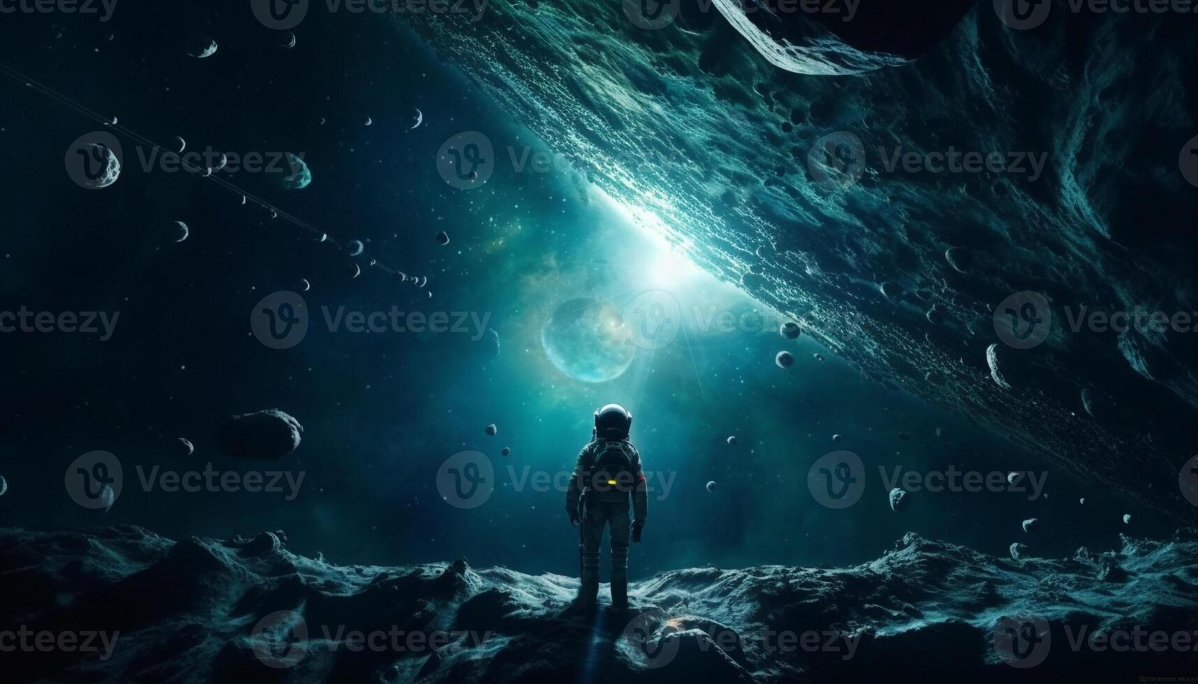 Silhouette of an astronaut standing in deep blue galaxy landscape generated by AI photo
