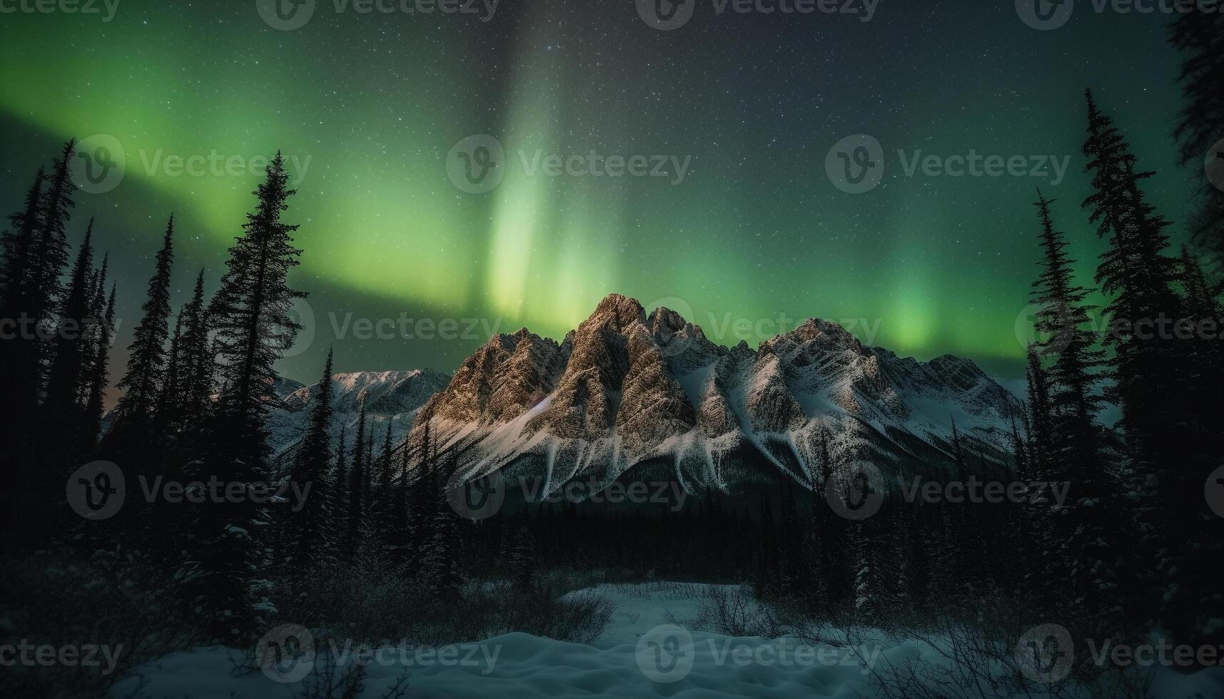 Majestic mountain range illuminated by starry winter night sky generated by AI photo