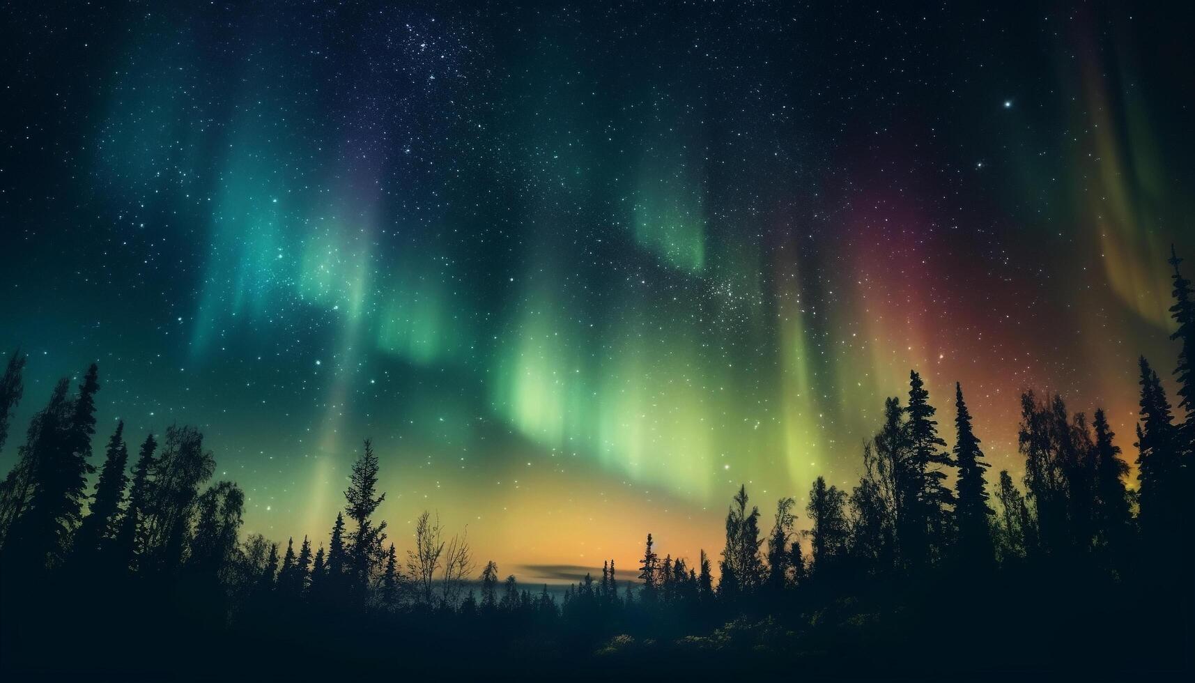 Tranquil scene illuminated by vibrant star trail in winter forest generated by AI photo