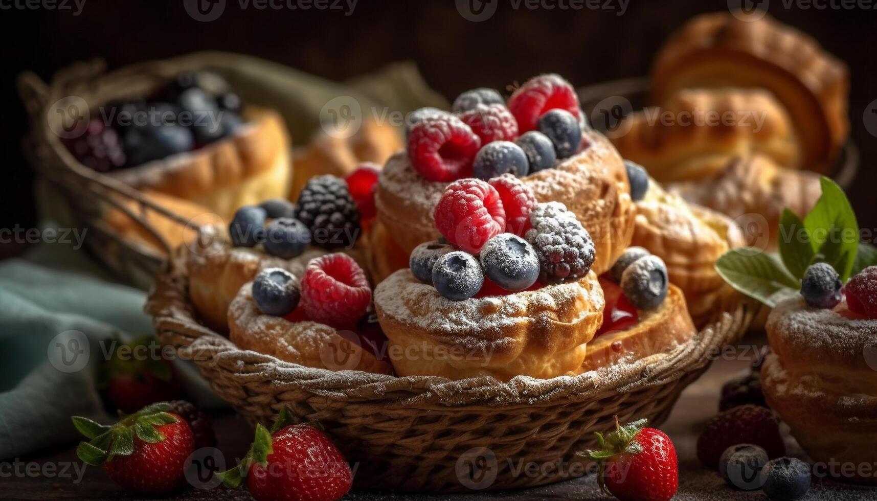 A rustic dessert plate with fresh berry indulgence and chocolate generated by AI photo