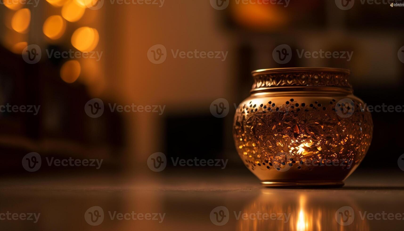 An old fashioned candle illuminates the elegant pottery vase indoors generated by AI photo