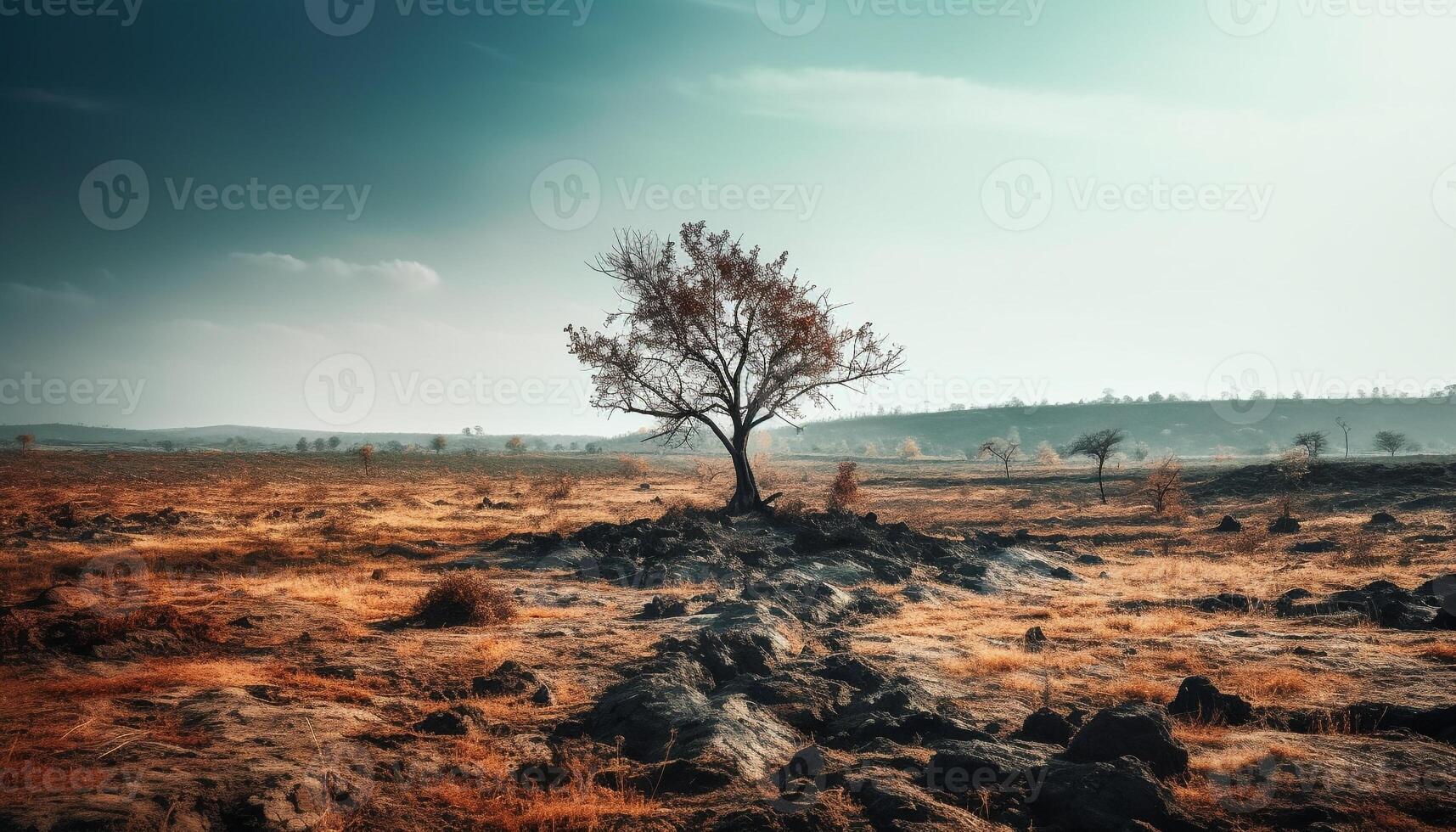 The old tree trunk stands alone in the deserted meadow generated by AI photo