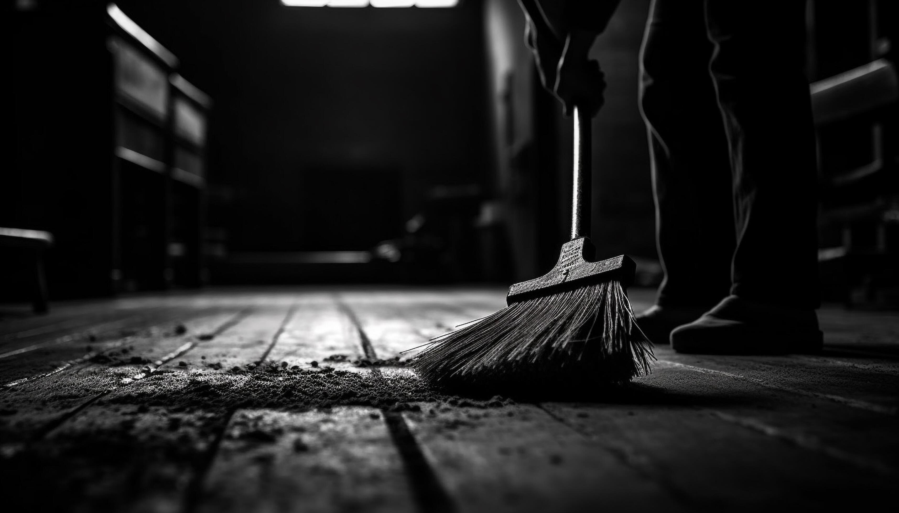 One man sweeping flooring with broom and dustpan indoors generated by