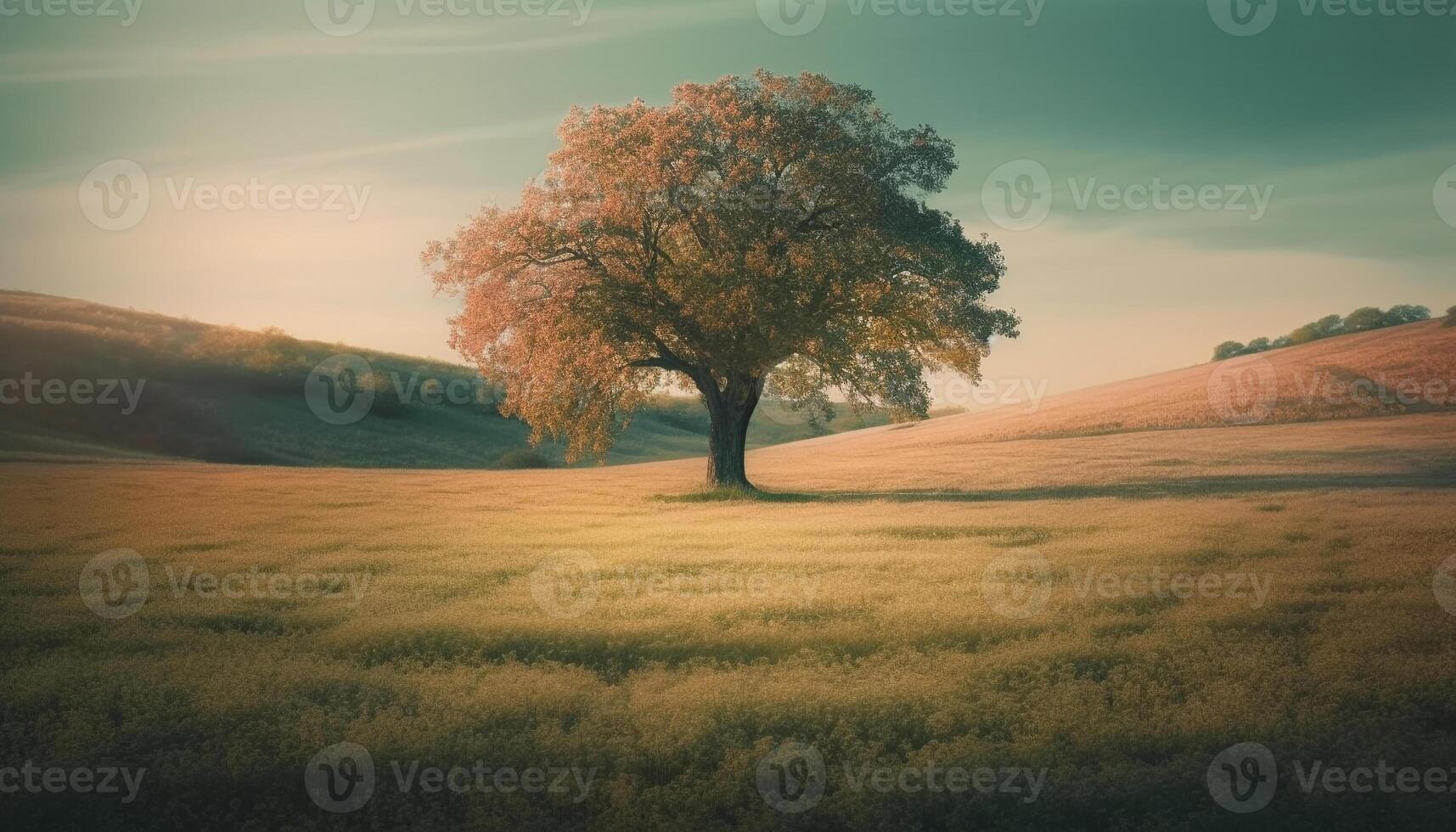 Tranquil sunset over rural meadow, a serene beauty in nature generated by AI photo