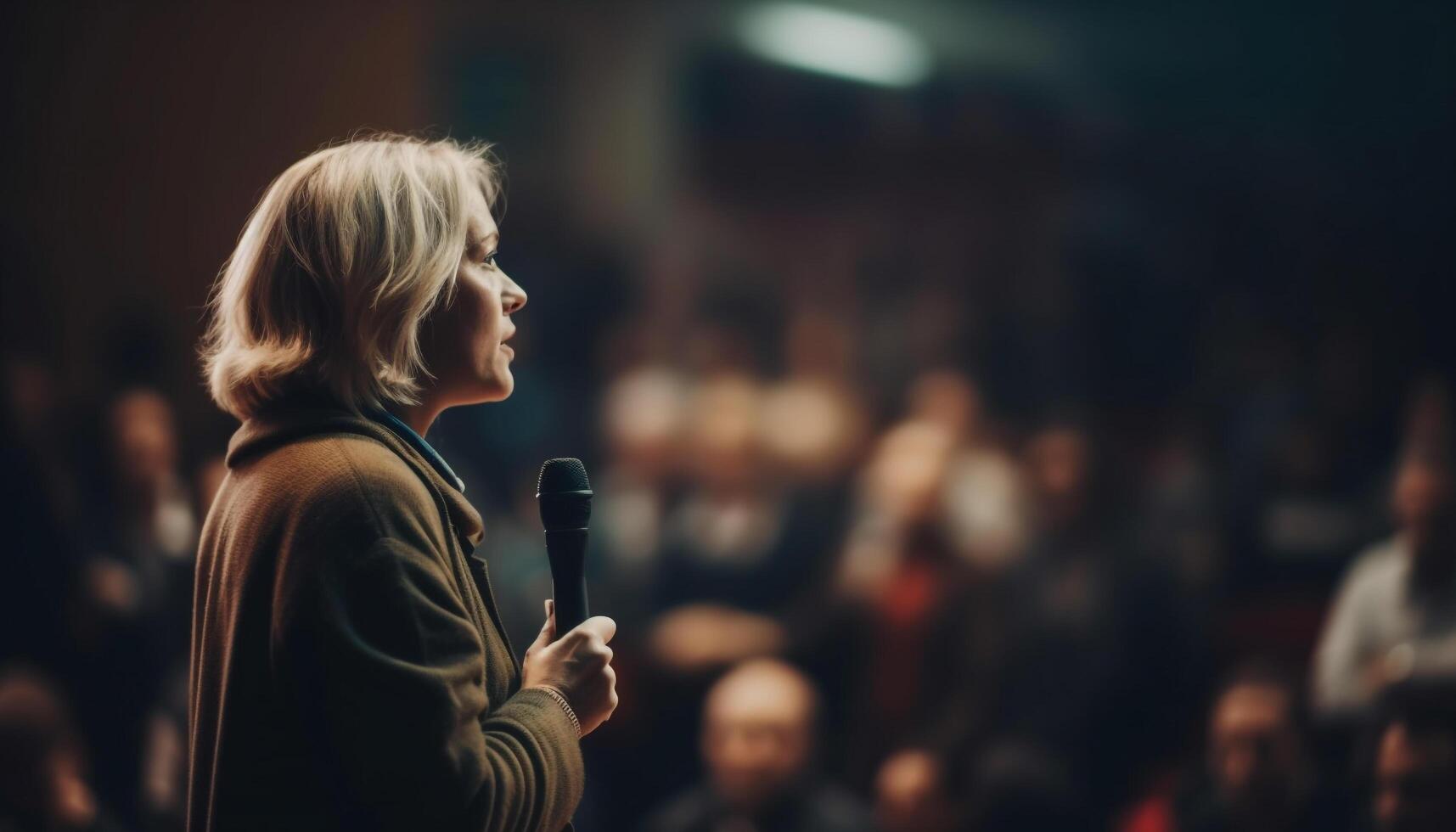 A pop musician on stage, singing to a large crowd generated by AI photo