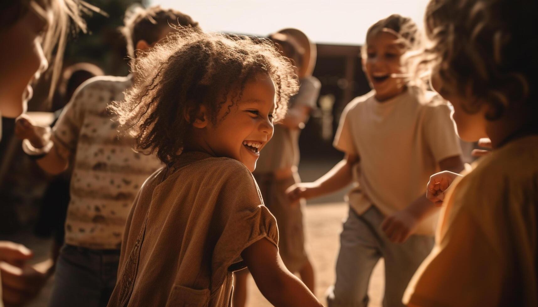 A group of carefree children playing outdoors, enjoying childhood together generated by AI photo