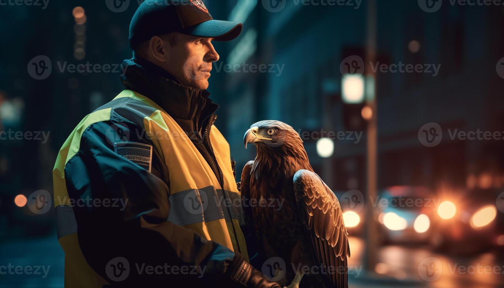 uno hombre, al aire libre a noche, en pie con halcón en guante generado por ai foto