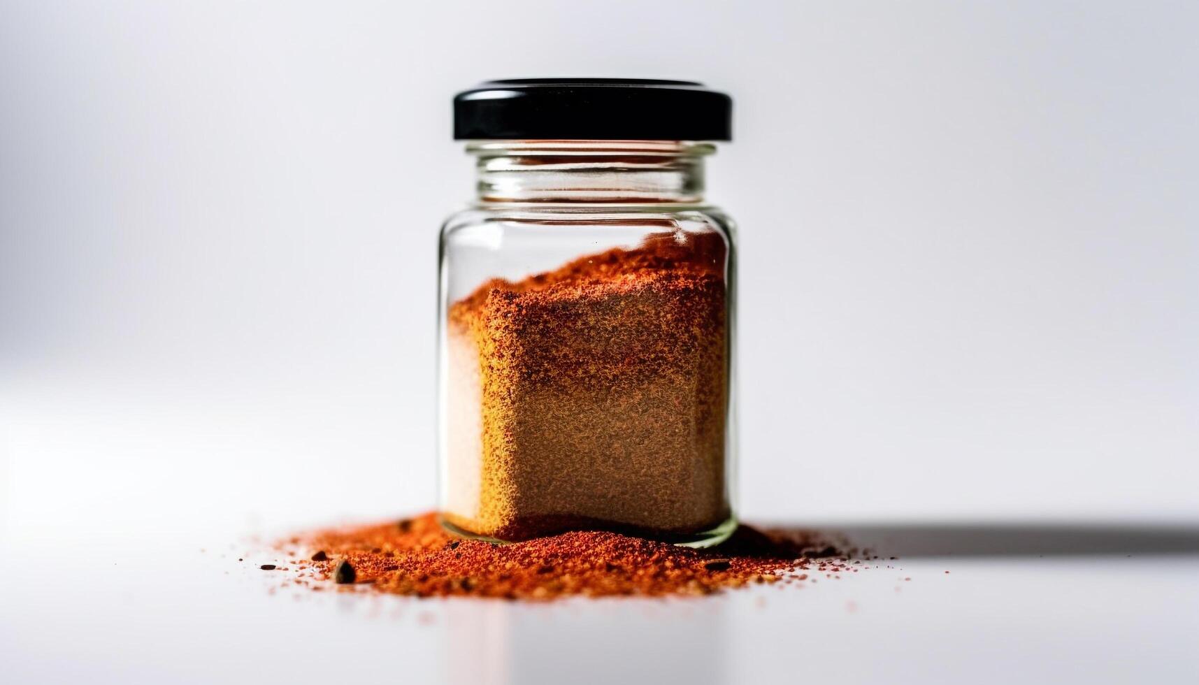 Organic ground coffee spills from jar onto white table pattern generated by AI photo