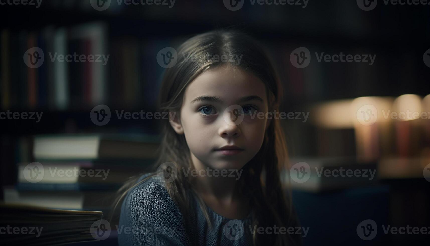 One cute schoolgirl studying literature in library, looking sad generated by AI photo