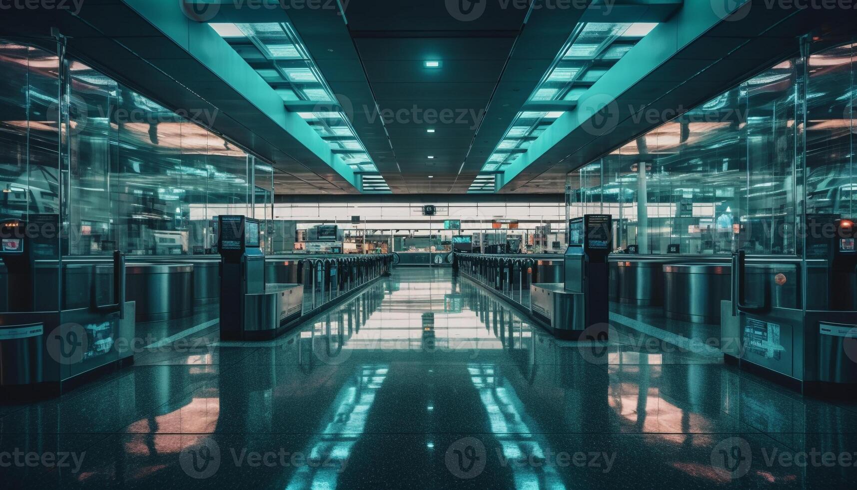 Empty subway station reflects modern architecture in futuristic vanishing point generated by AI photo