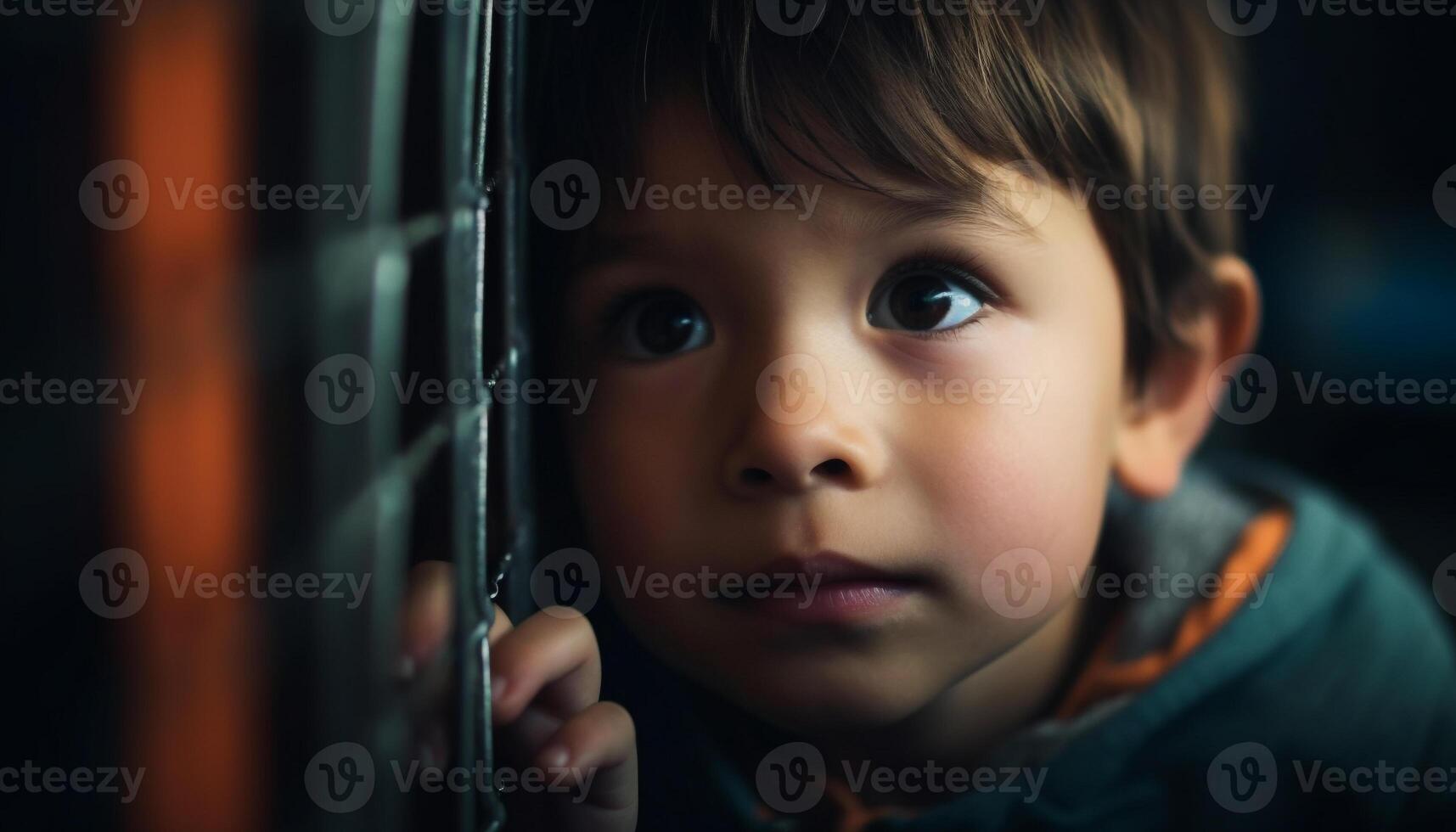Lonely toddler gazes out window, searching for happiness and learning generated by AI photo