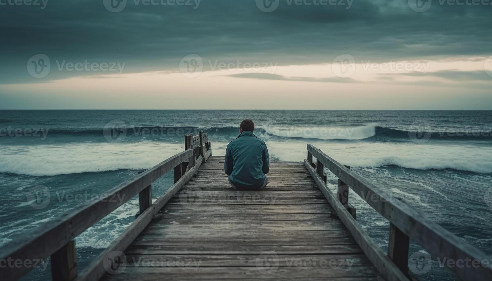 A serene person walks on the jetty, enjoying the sunset generated by AI photo