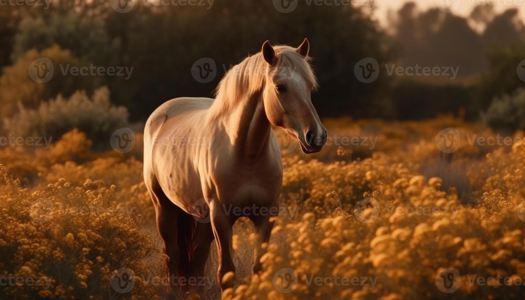 A majestic stallion grazes in a tranquil meadow at sunset generated by AI photo