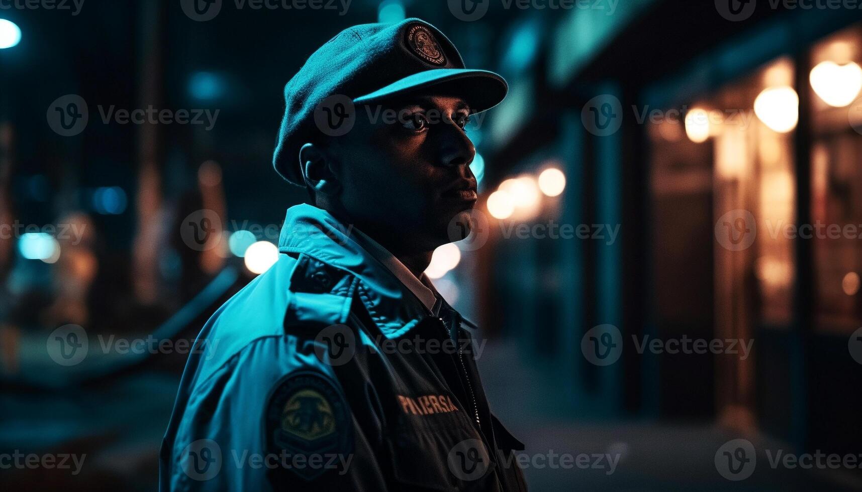 One man, standing in the dark, looking at camera confidently generated by AI photo