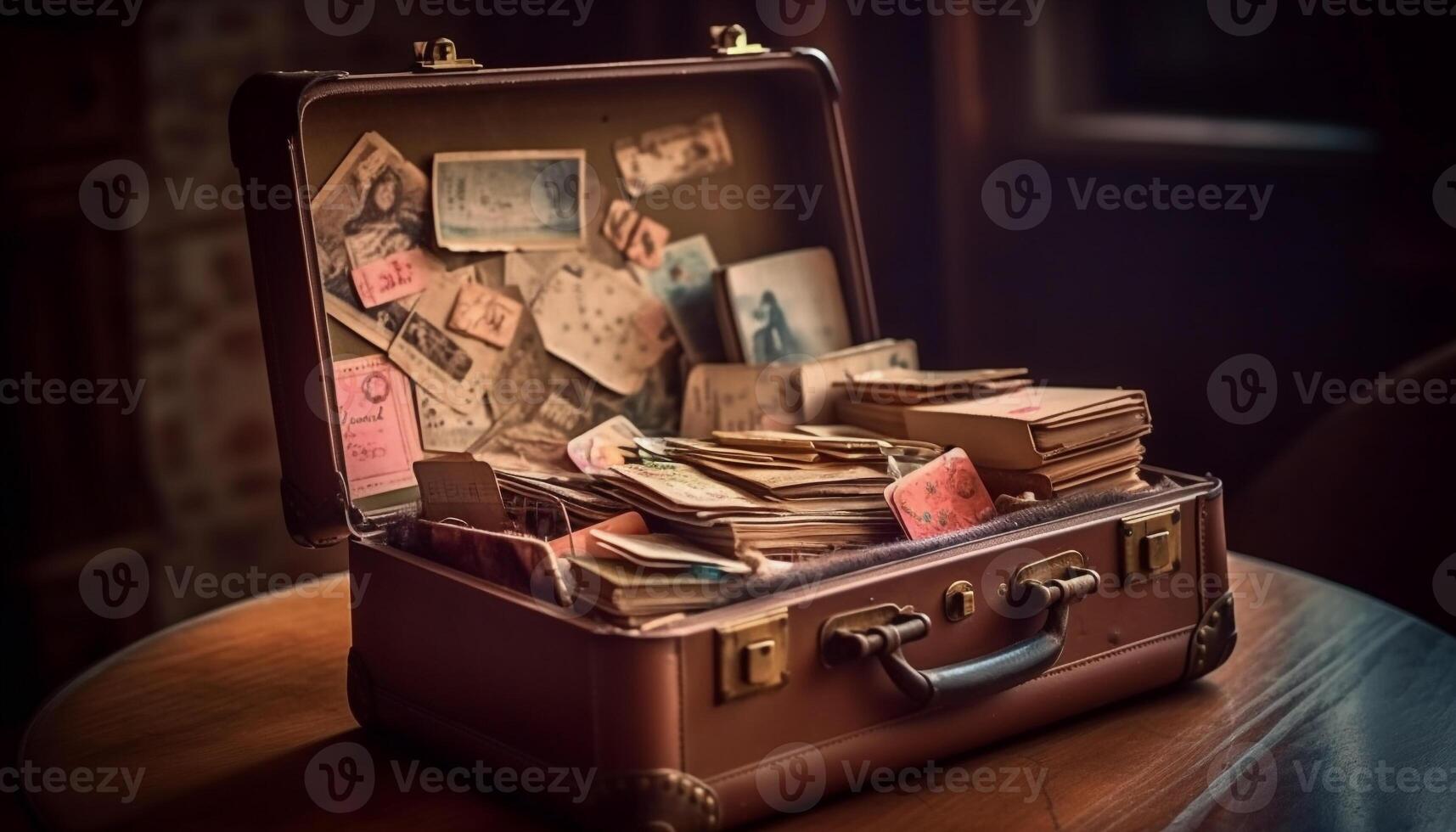 antiguo cuero maleta en antiguo escritorio, un nostálgico todavía vida generado por ai foto