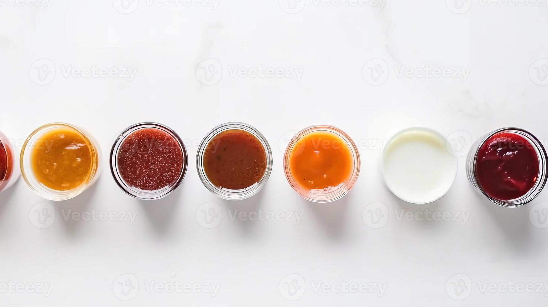 Various sauces, marinades and dressings in small bowls in a row, white background. . photo
