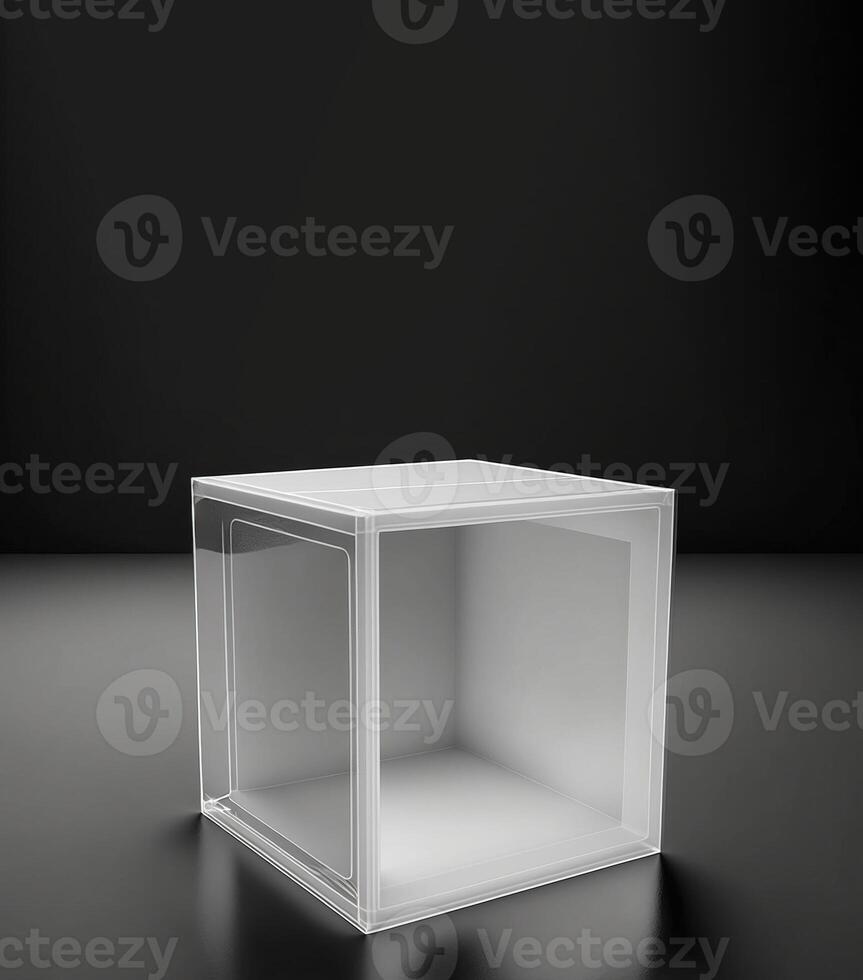 Empty podium pedestal transparent cube for product presentation, dark background. . photo