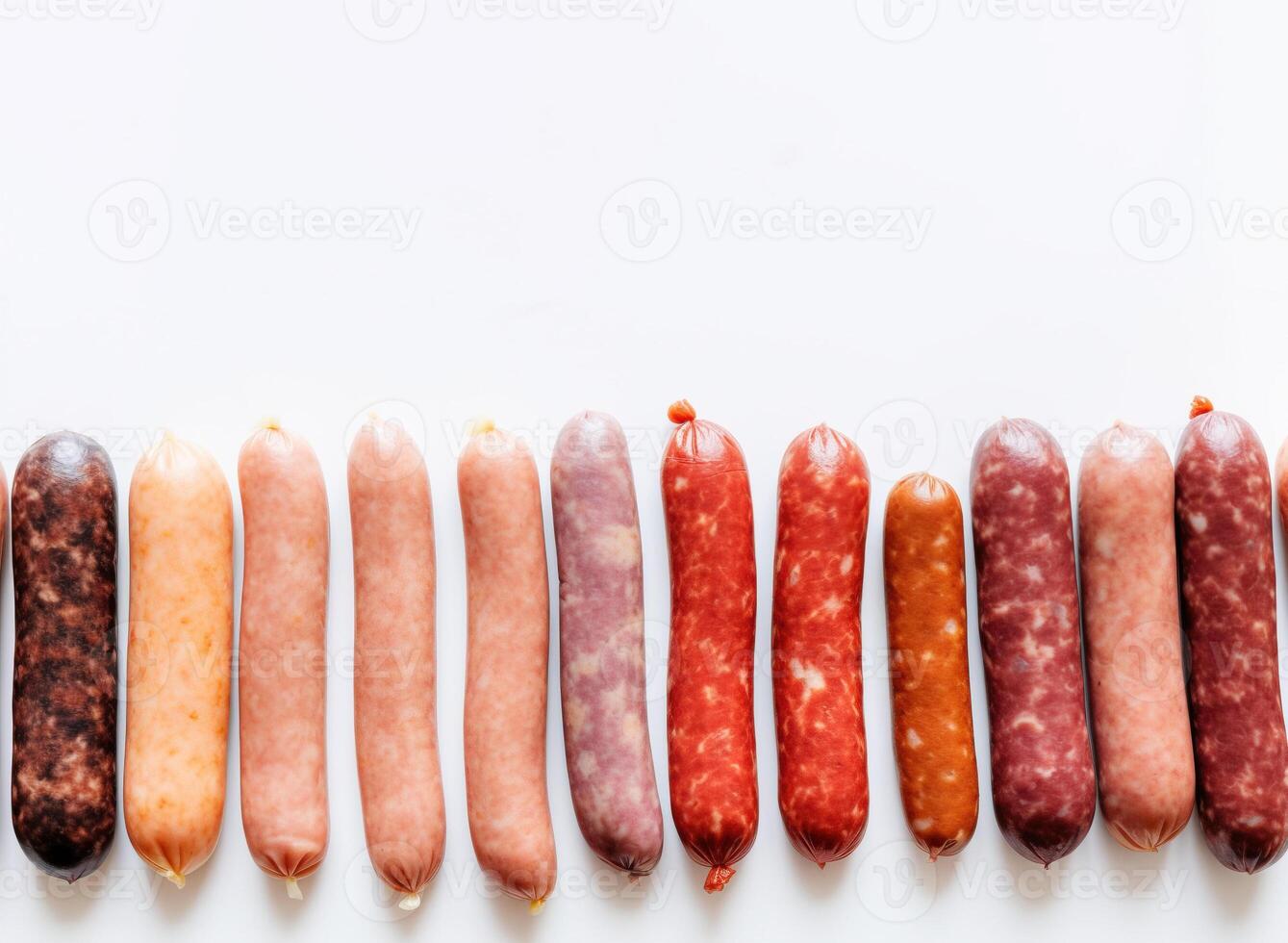 Various meat fresh sausages lie in a row, white background, isolate. . photo