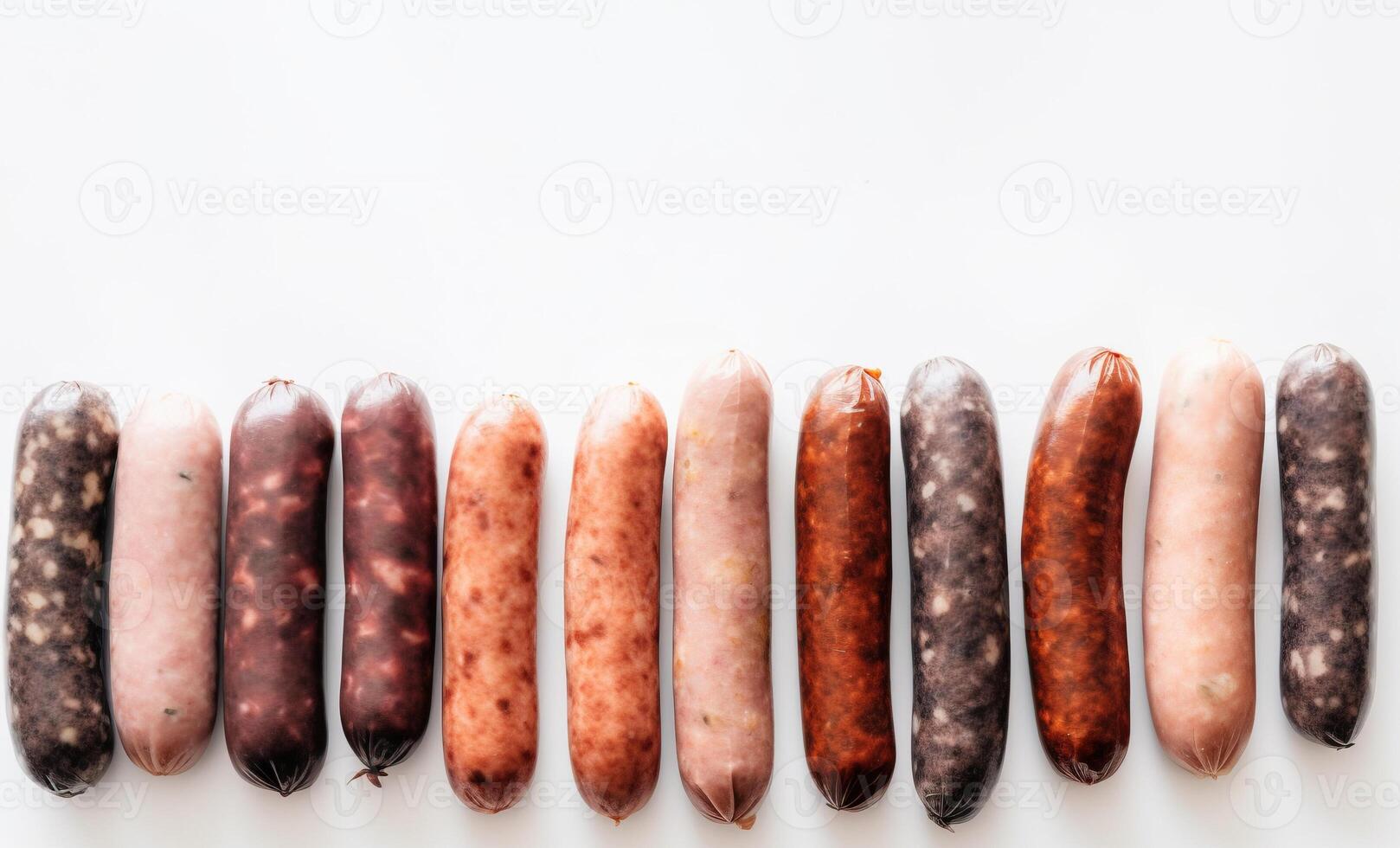 Various meat fresh sausages lie in a row, white background, isolate. . photo