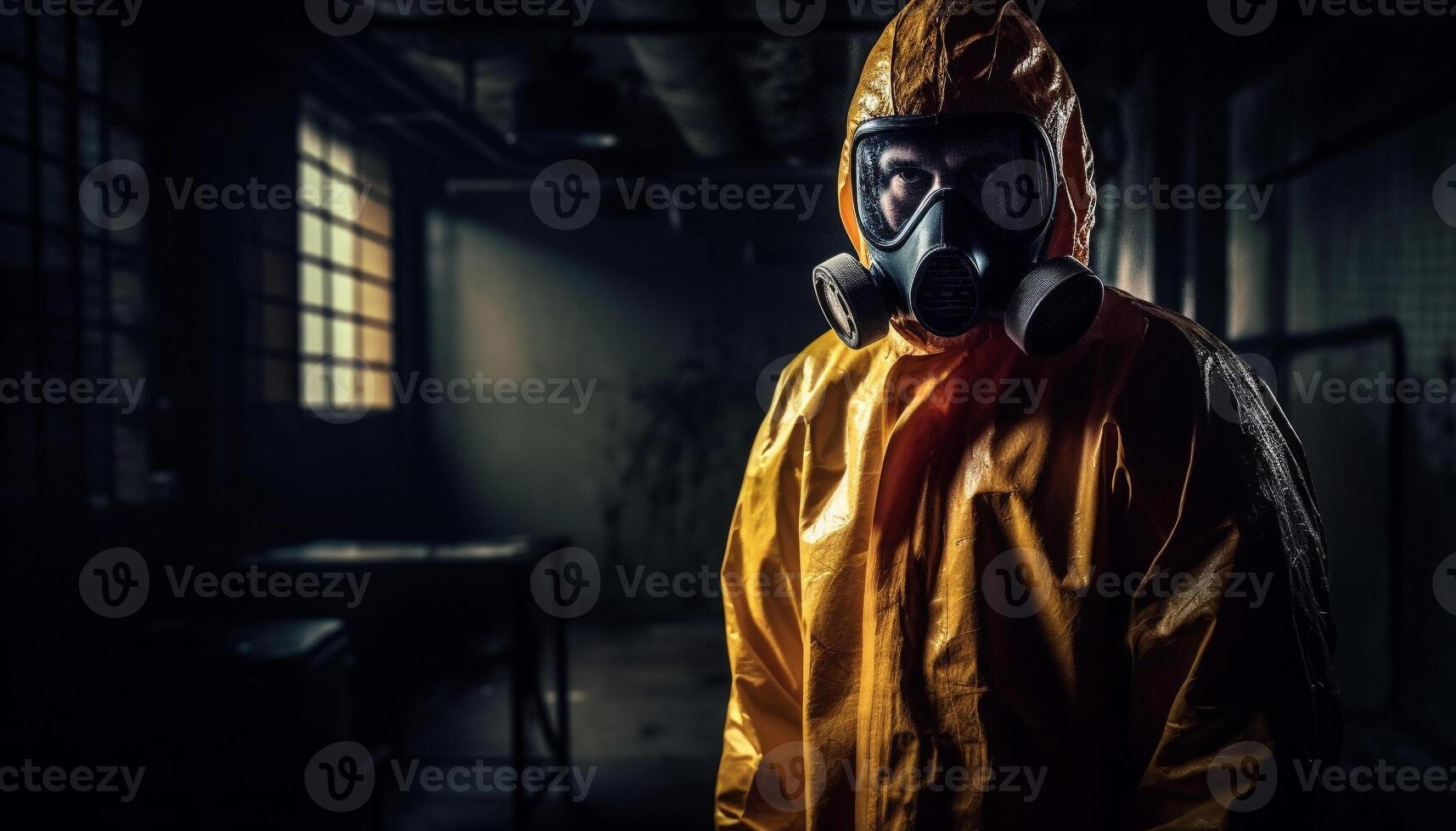 One man in protective workwear and mask fights pollution indoors generated by AI photo