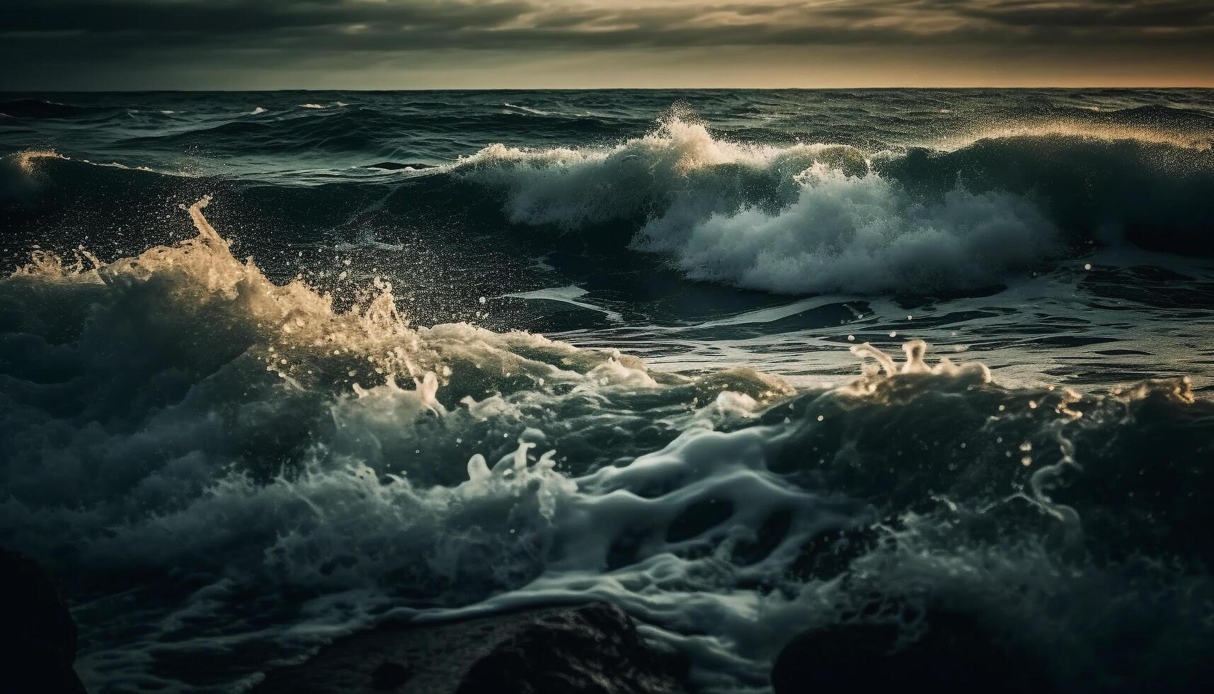 Dramatic sky reflects beauty in nature as waves crash at dusk generated by AI photo
