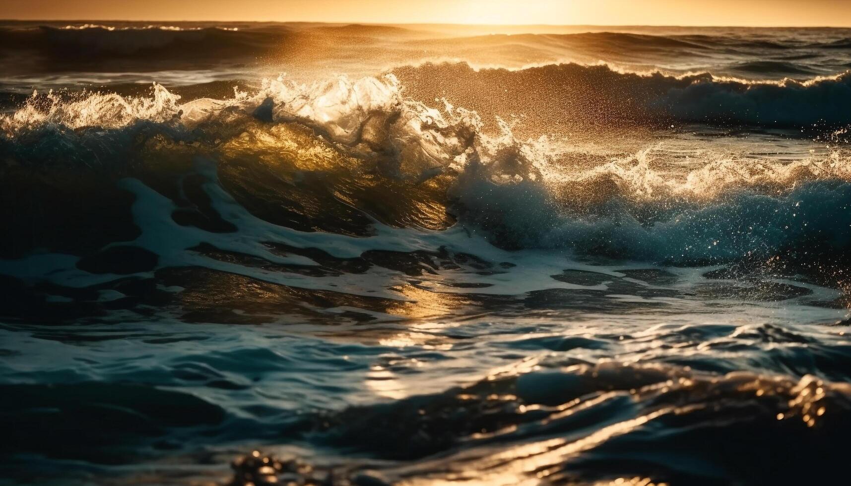 Sunset surfers ride crashing waves on idyllic tropical coastline generated by AI photo