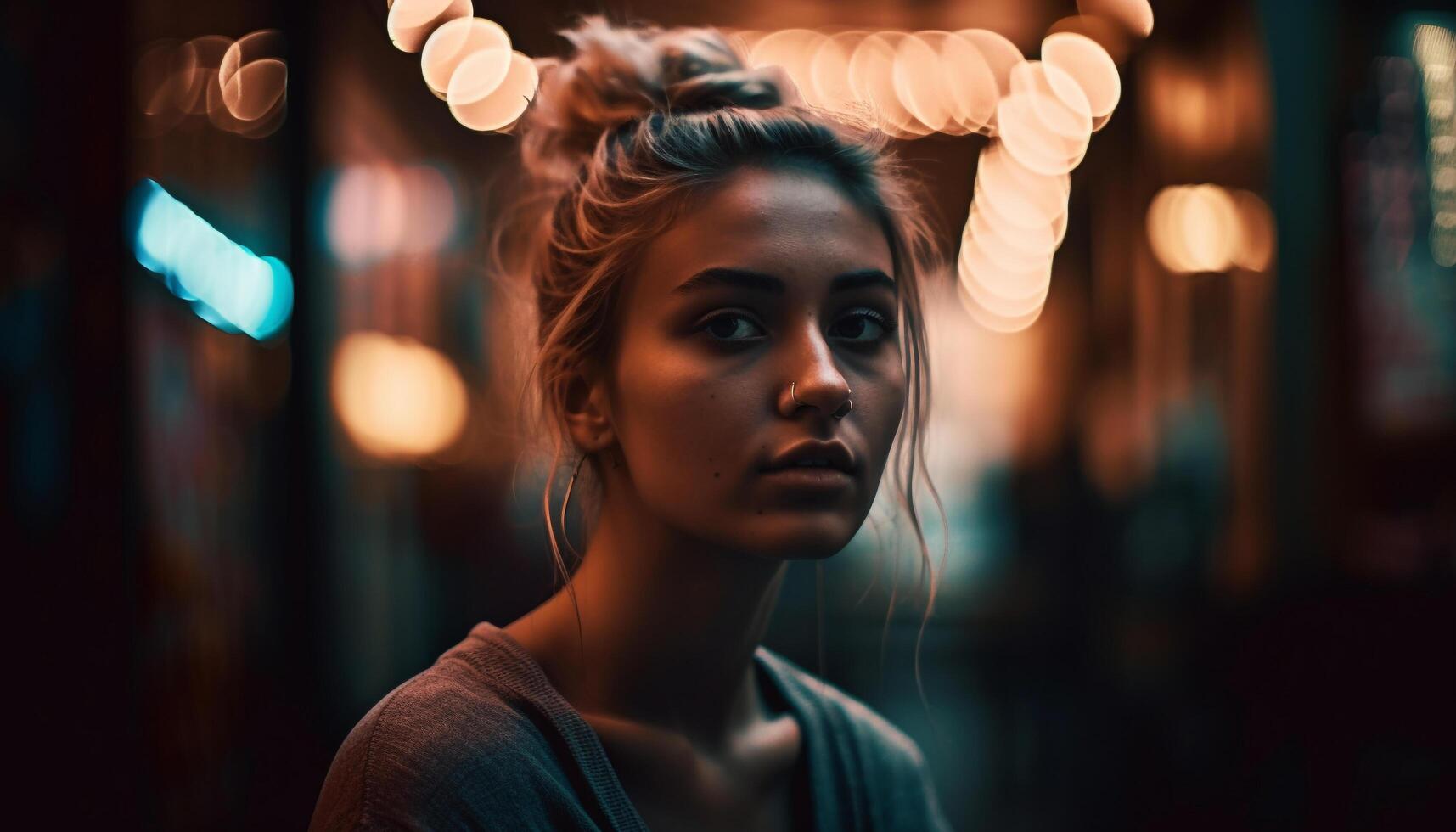 One young woman, confident and smiling, standing outdoors at night generated by AI photo