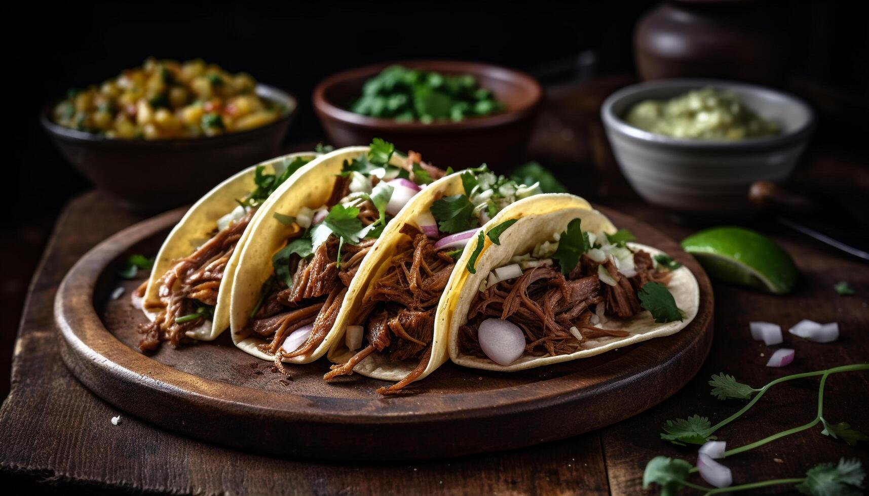 Grilled beef taco plate with fresh guacamole and cilantro salsa generated by AI photo