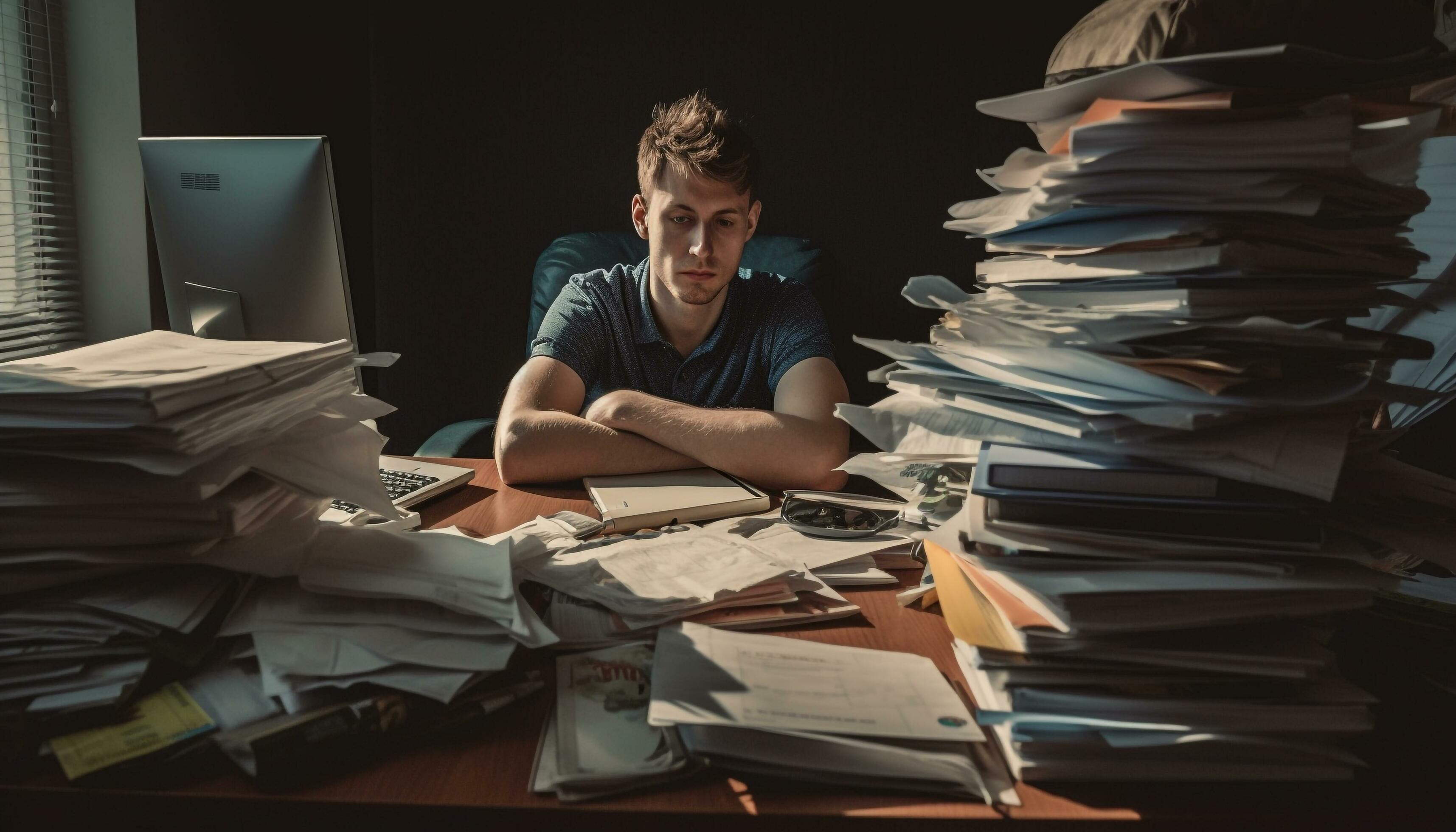 Overworked businessman sitting at messy desk, surrounded by paperwork ...