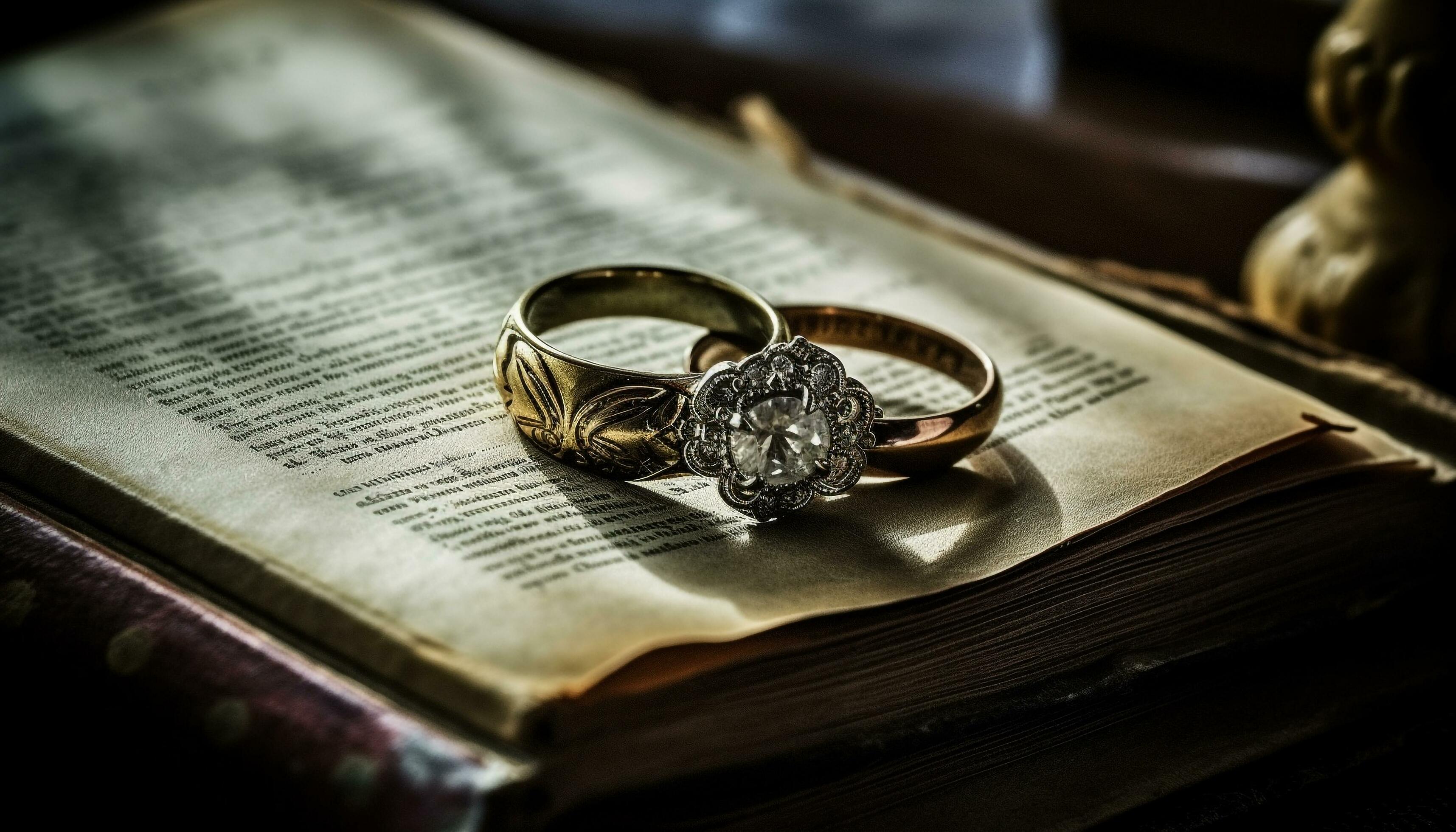 Wedding ring, gold jewelry, antique bible, symbol of love and religion generated by AI 25080424